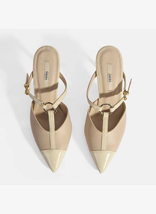 Kadın Bej Halka Aksesuarlı Deri Abiye Topuklu Terlik - Görsel 8