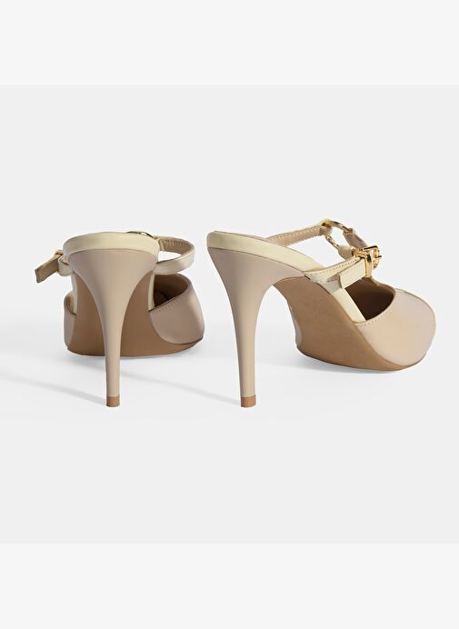 Kadın Bej Halka Aksesuarlı Deri Abiye Topuklu Terlik - Görsel 9