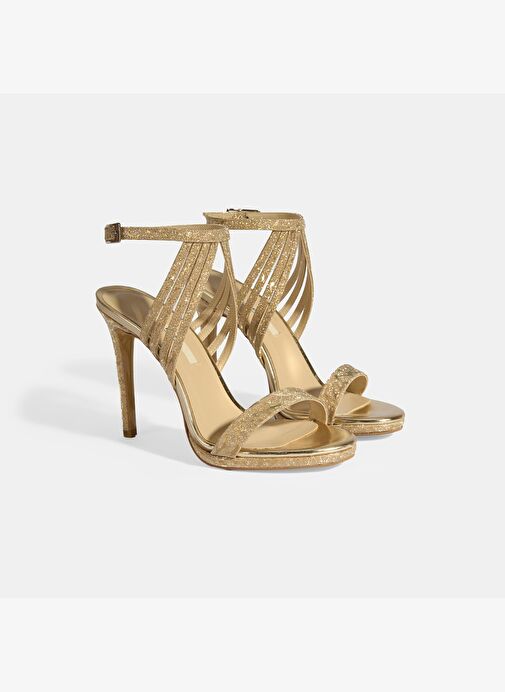 Kadın Gold Simli Bantlı Topuklu Abiye Sandalet - Görsel 3