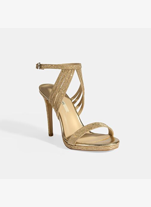 Kadın Gold Simli Bantlı Topuklu Abiye Sandalet - Görsel 6