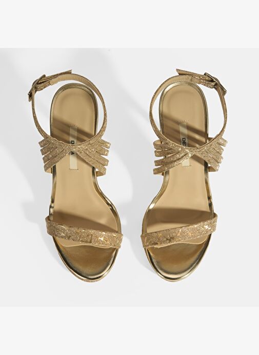 Kadın Gold Simli Bantlı Topuklu Abiye Sandalet - Görsel 7