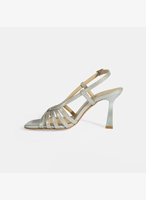 Kadın Gümüş Simli Topuklu Abiye Sandalet - Görsel 4
