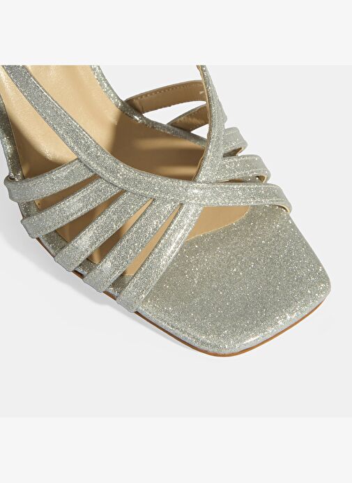 Kadın Gümüş Simli Topuklu Abiye Sandalet - Görsel 7