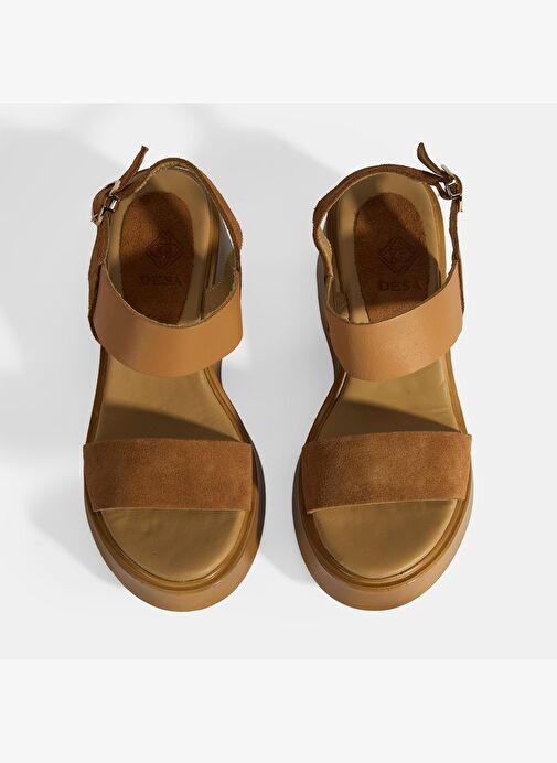 Kadın Taba Ayarlanabilir Tokalı Deri Detaylı Dolgu Topuklu Süet Sandalet - Görsel 9