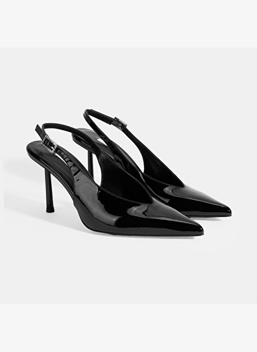 Kadın Siyah Ayarlanabilir Taşlı Toka Detaylı Rugan Topuklu Ayakkabı - Görsel 3