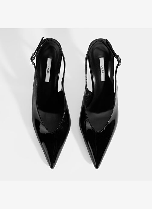 Kadın Siyah Ayarlanabilir Taşlı Toka Detaylı Rugan Topuklu Ayakkabı - Görsel 9