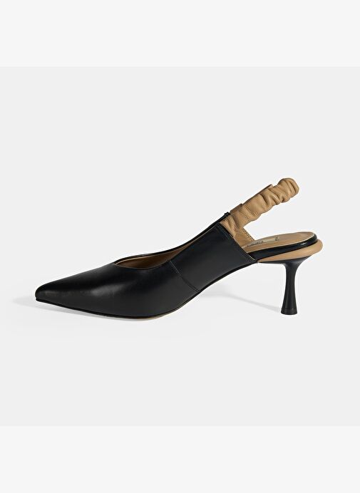 Kadın Siyah Fiyonk Detaylı Lastik Bantlı Deri Topuklu Ayakkabı - Görsel 4