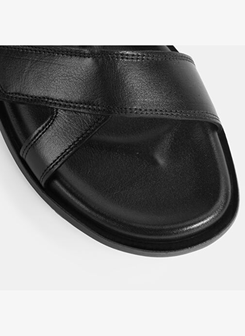 Erkek Siyah Cırt Detaylı Deri Sandalet - Görsel 6