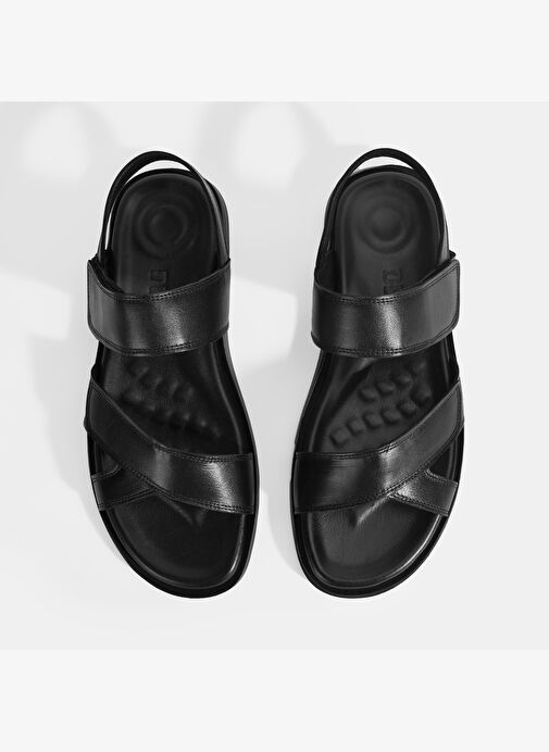 Erkek Siyah Cırt Detaylı Deri Sandalet - Görsel 7