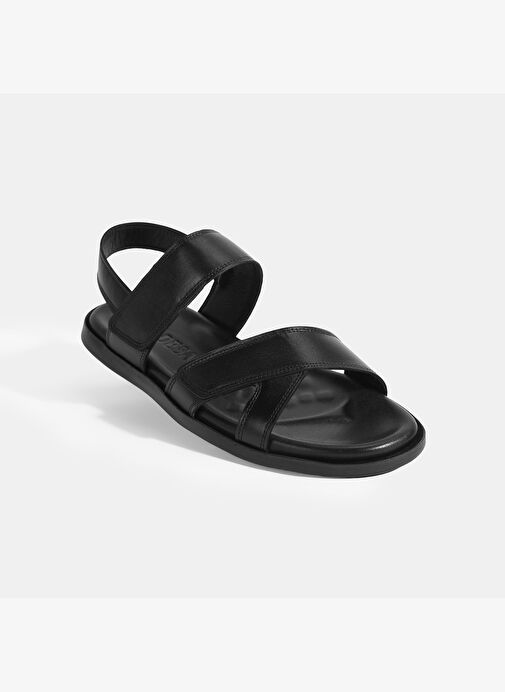 Erkek Siyah Cırt Detaylı Deri Sandalet - Görsel 8