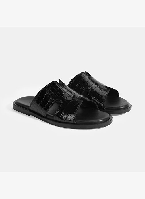 Erkek Siyah Kroko Desenli Deri Terlik - Görsel 3