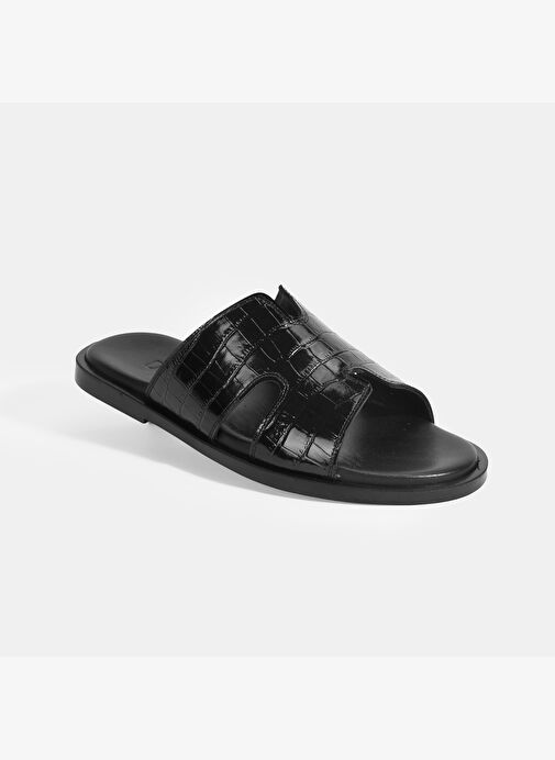Erkek Siyah Kroko Desenli Deri Terlik - Görsel 6