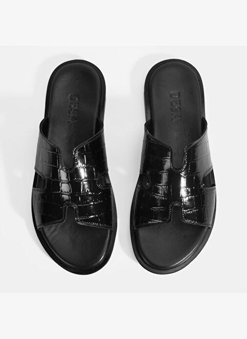 Erkek Siyah Kroko Desenli Deri Terlik - Görsel 7