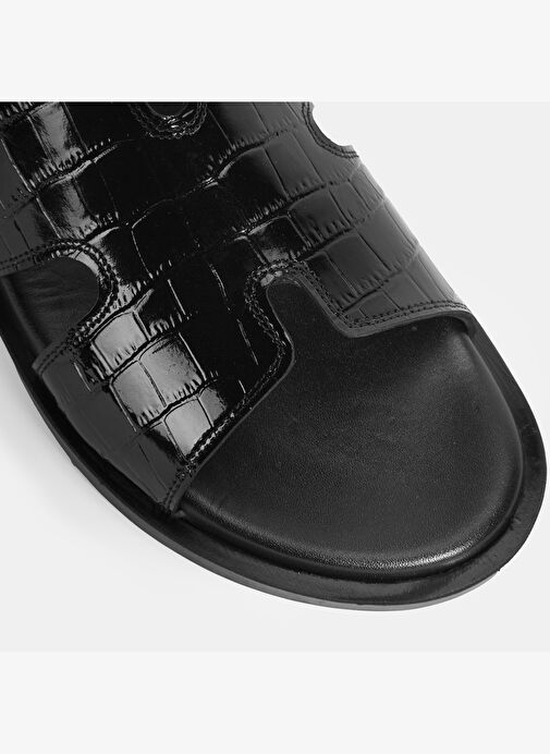 Erkek Siyah Kroko Desenli Deri Terlik - Görsel 8