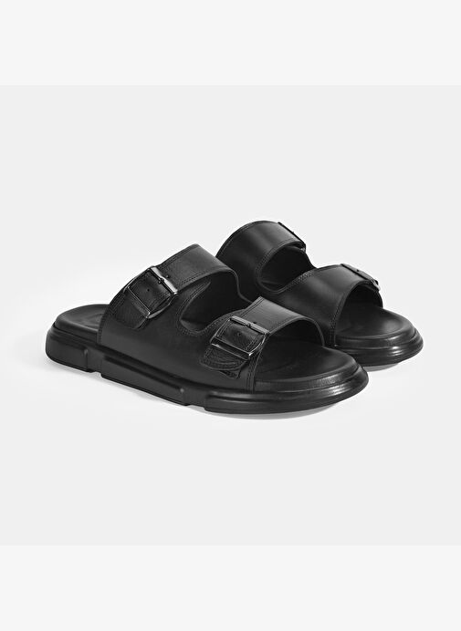 Erkek Siyah Ayarlanabilir Tokalı Deri Terlik - Görsel 3