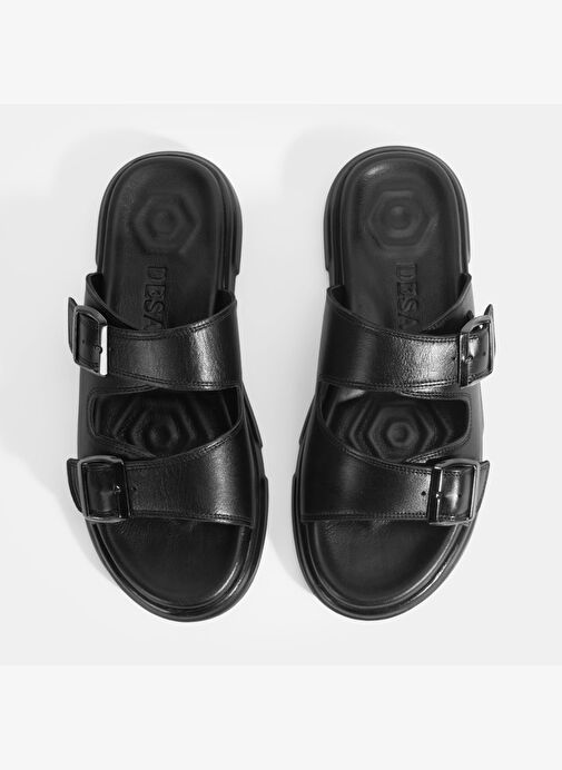 Erkek Siyah Ayarlanabilir Tokalı Deri Terlik - Görsel 6