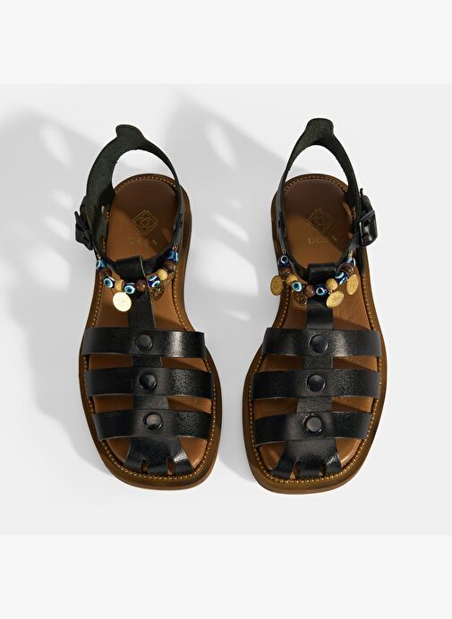 Kadın Siyah Aksesuar Detaylı Ayarlanabilir Tokalı Deri Sandalet - Görsel 6