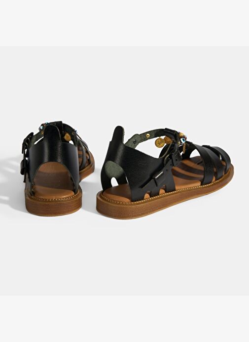 Kadın Siyah Aksesuar Detaylı Ayarlanabilir Tokalı Deri Sandalet - Görsel 8