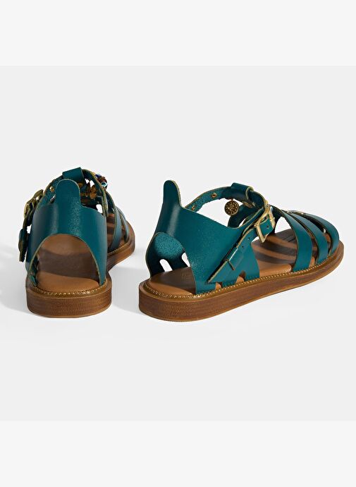 Kadın Yeşil Aksesuar Detaylı Ayarlanabilir Tokalı Deri Sandalet - Görsel 7