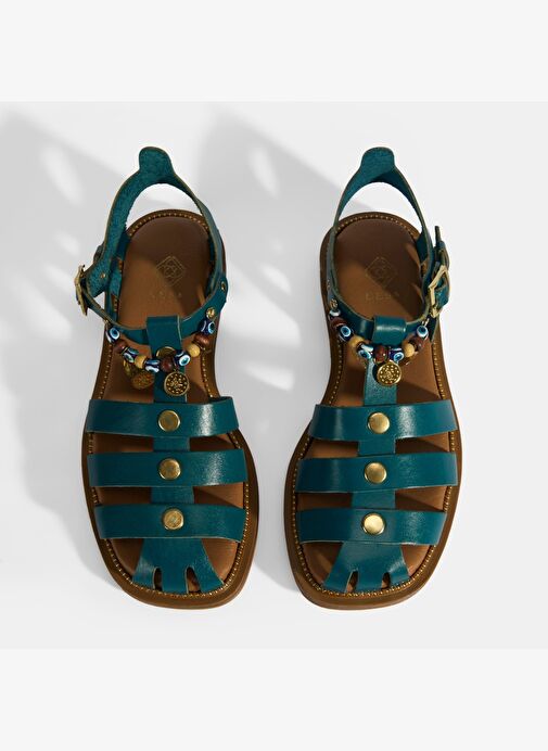 Kadın Yeşil Aksesuar Detaylı Ayarlanabilir Tokalı Deri Sandalet - Görsel 8