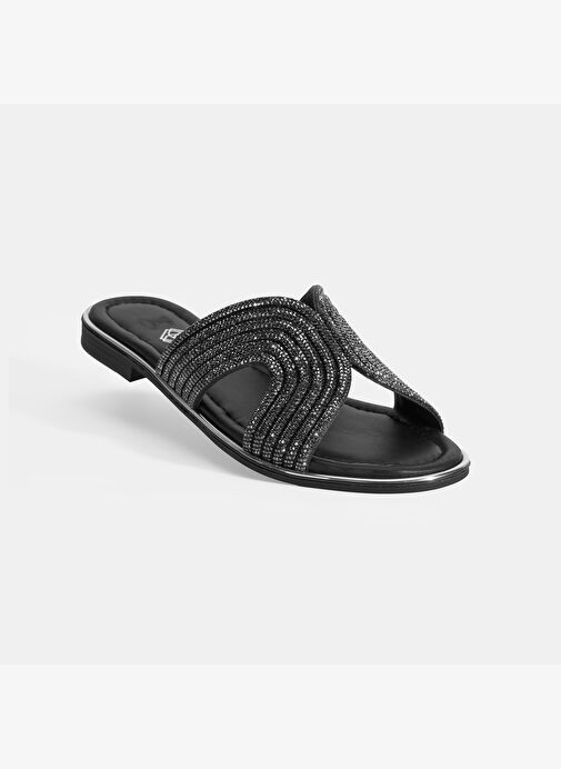 Kadın Siyah Taş Detaylı Deri Terlik - Görsel 5