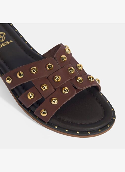 Kadın Kahve Zımba Detaylı Deri Terlik - Görsel 7