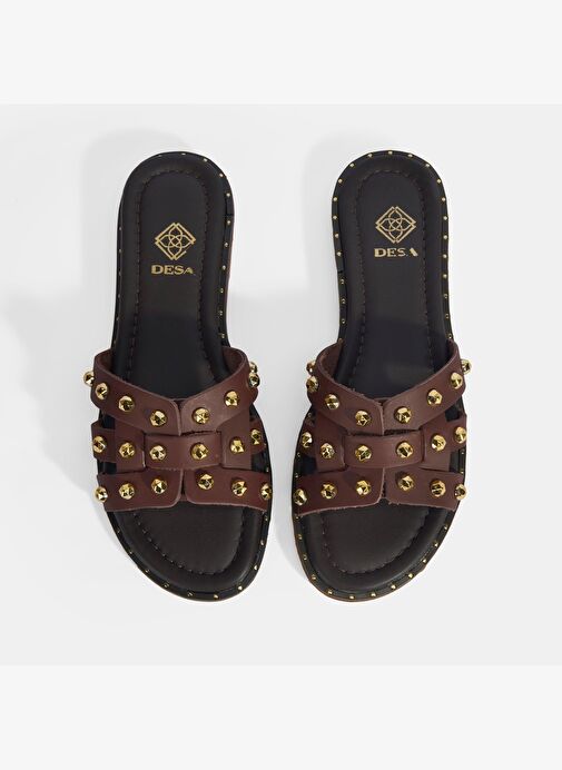 Kadın Kahve Zımba Detaylı Deri Terlik - Görsel 8