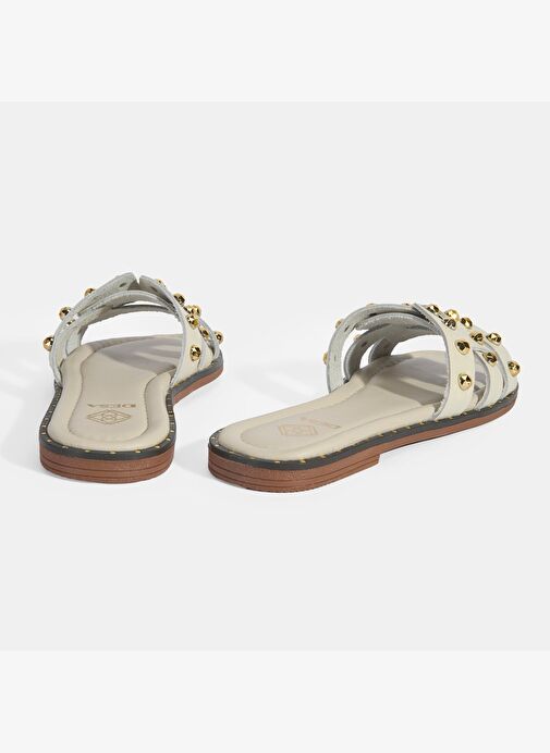 Kadın Krem Zımba Detaylı Deri Terlik - Görsel 6