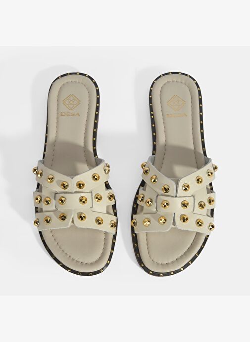 Kadın Krem Zımba Detaylı Deri Terlik - Görsel 7