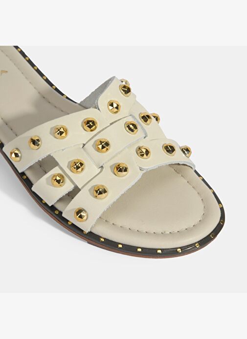 Kadın Krem Zımba Detaylı Deri Terlik - Görsel 9