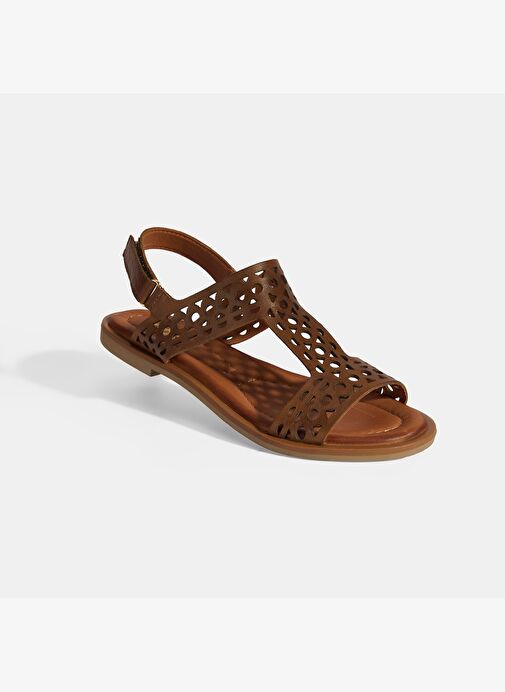 Kadın Taba Cırt Detaylı Perforeli Deri Sandalet - Görsel 6