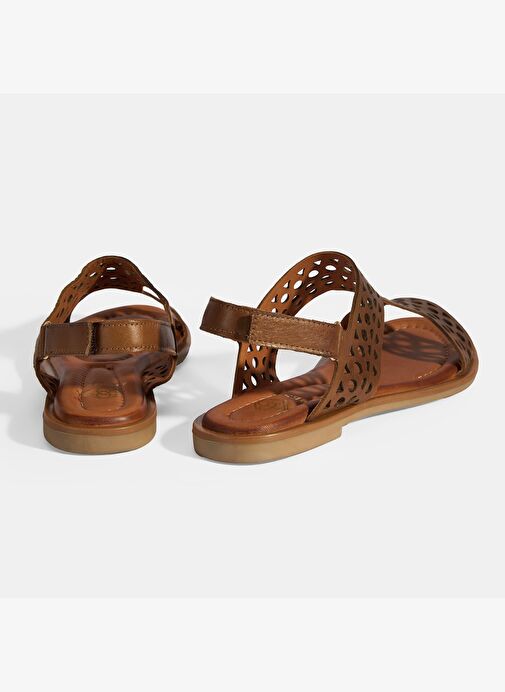 Kadın Taba Cırt Detaylı Perforeli Deri Sandalet - Görsel 7