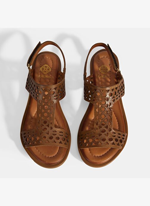 Kadın Taba Cırt Detaylı Perforeli Deri Sandalet - Görsel 8