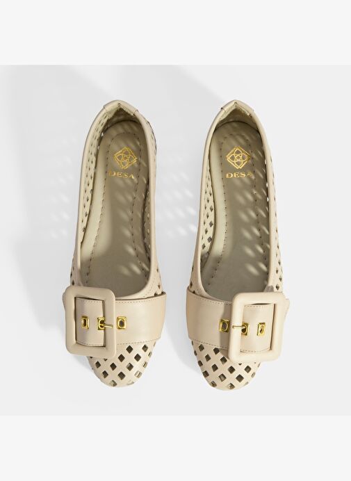 Kadın Bej Toka Aksesuarlı Perforeli Deri Babet - Görsel 9