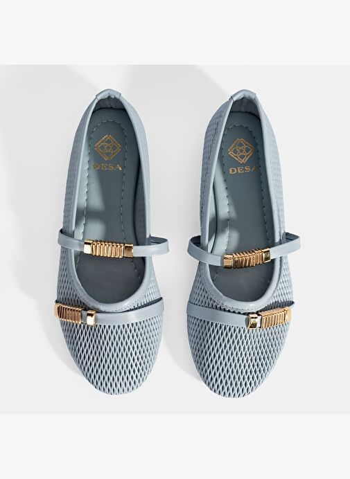 Kadın Mavi Metal Toka Aksesuarlı Deri Babet - Görsel 8