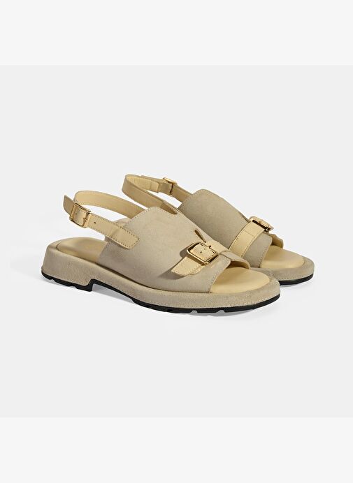 Kadın Bej Süet Tokalı Sandalet - Görsel 3