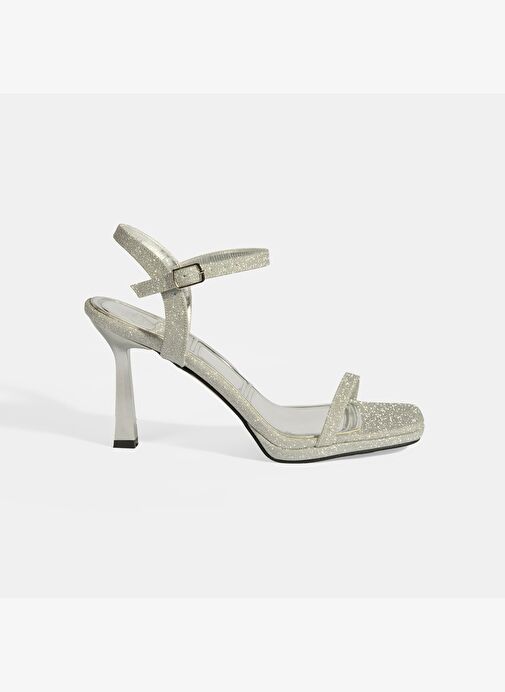 Kadın Gümüş Toka Detaylı Topuklu Abiye Sandalet - Görsel 3