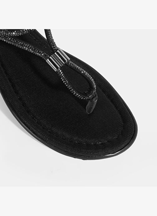 Kadın Siyah Taşlı Lastik Bantlı Parmak Arası Sandalet - Görsel 7