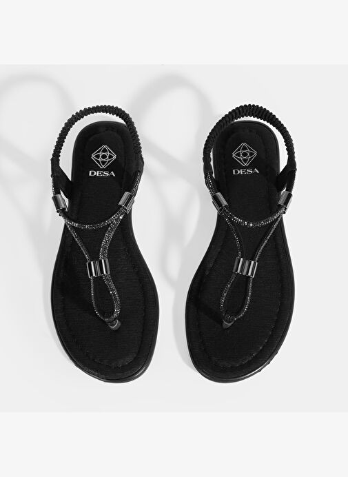 Kadın Siyah Taşlı Lastik Bantlı Parmak Arası Sandalet - Görsel 8