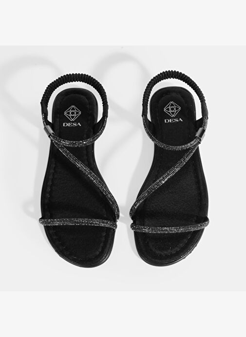 Kadın Siyah Lastik Bantlı Taşlı Sandalet - Görsel 8