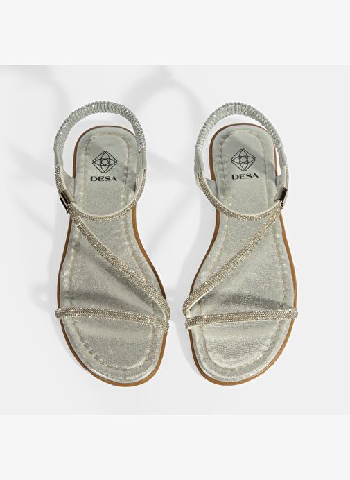 Kadın Gümüş Lastik Bantlı Taşlı Sandalet - Görsel 8