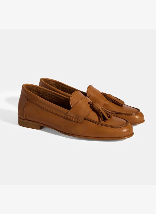 Kadın Taba Püskül Detaylı Slip-On Deri Loafer - Görsel 3