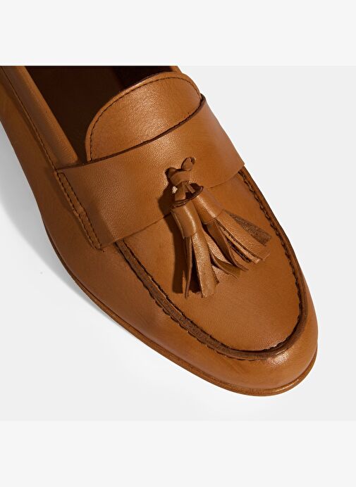 Kadın Taba Püskül Detaylı Slip-On Deri Loafer - Görsel 6