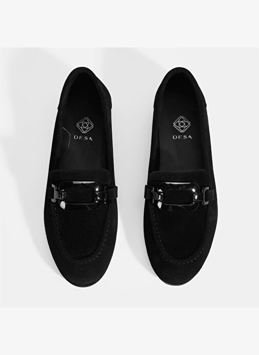 Kadın Siyah Metal Aksesuarlı Süet Loafer - Görsel 8