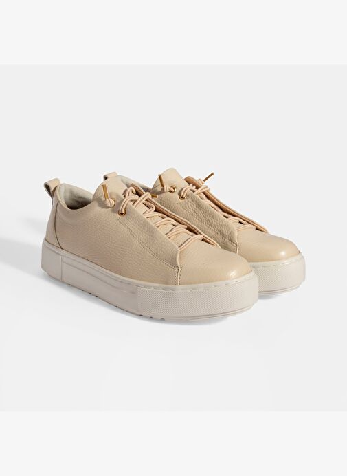 Kadın Bej Bağcıklı Deri Sneaker - Görsel 2