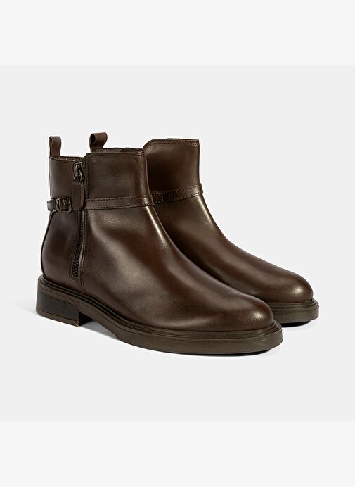 Kadın Kahve Metal Toka Detaylı Fermuarlı Deri Bot - Görsel 2