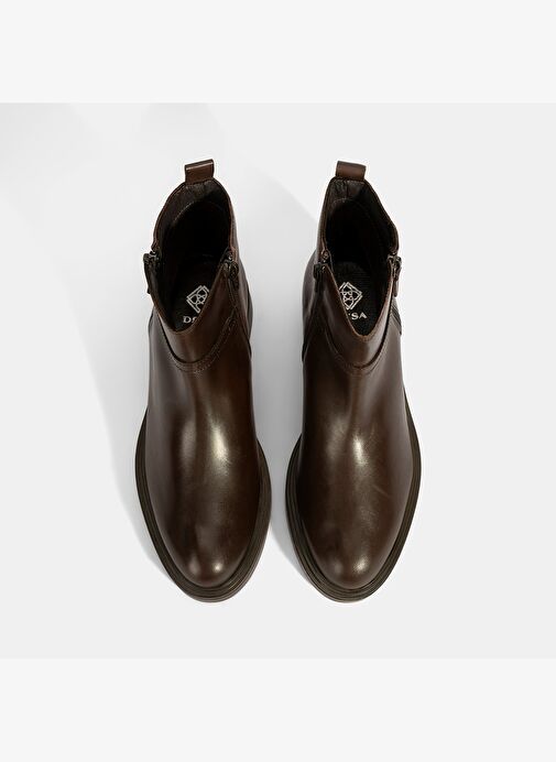 Kadın Kahve Metal Toka Detaylı Fermuarlı Deri Bot - Görsel 7