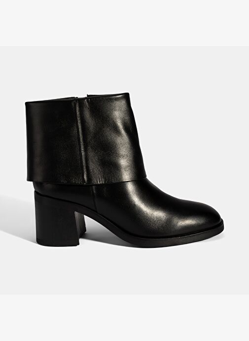 Kadın Siyah Katlama Detaylı Topuklu Deri Bot - Görsel 3
