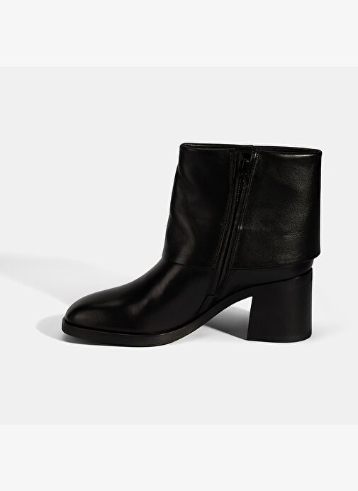 Kadın Siyah Katlama Detaylı Topuklu Deri Bot - Görsel 4