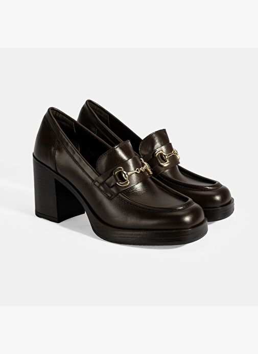 Kadın Kahve Metal Toka Detaylı Kalın Topuklu Loafer - Görsel 2